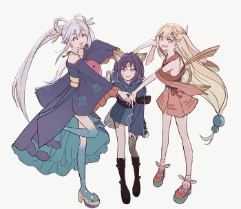 3girls :d absurdres animal_ears belt blonde_hair blue_hair boots breasts chinese_commentary chou_kaguya-hime! commentary_request dress full_body green_eyes grey_hair hair_ornament hair_rings hair_stick high_heels highres japanese_clothes kaguya_(chou_kaguya-hime!) kimono long_hair long_sleeves looking_at_viewer lop_rabbit_ears low-tied_long_hair multiple_girls obi open_mouth pinklane pinkle purple_hair rabbit_ears runami_yachiyo sakayori_iroha sash simple_background single_thighhigh sleeves_past_wrists smile thighhighs twintails very_long_hair white_background wide_sleeves yellow_eyes