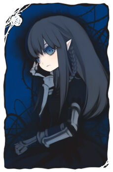 Rule 34 | 1girl, armor, black hair, blue eyes, braid, elbow gloves, elf, female focus, gauntlets, gloves, grey hair, pixiv fantasia, pixiv fantasia 1, pointy ears, puti devil, solo