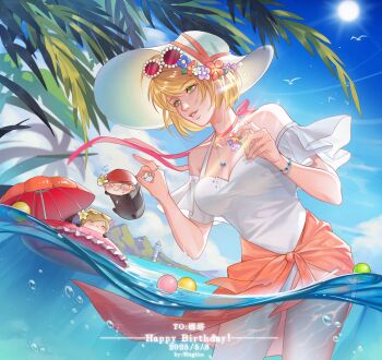 Rule 34 | 1girl, 2girls, ashley graham, bare shoulders, beret, blonde hair, blue eyes, bracelet, breasts, chibi, cleavage, commentary request, cowboy shot, detached sleeves, eyewear on head, flower, flying sweatdrops, green eyes, hair flower, hair ornament, hat, highres, jack krauser, jewelry, leon s. kennedy, lighthouse, medium breasts, multiple girls, neck ribbon, ocean, one-piece swimsuit, outdoors, parted lips, partially submerged, pink ribbon, pink sarong, red-tinted eyewear, red hat, resident evil, resident evil 4, ribbon, riyaori, sarong, short hair, sun hat, sunglasses, swimsuit, tinted eyewear, white hair, white one-piece swimsuit, yellow-tinted eyewear