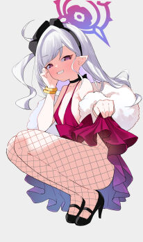 1girl absurdres black_hairband black_shoes blue_archive bracelet clothes_lift dress dress_lift fishnet_pantyhose fishnets full_body fur_shawl grey_background grin hairband halo high_heels highres jewelry loli long_hair looking_at_viewer mesugaki mutsuki_(blue_archive) mutsuki_(dress)_(blue_archive) no_bra no_panties official_alternate_costume pantyhose pointy_ears purple_eyes red_dress ryoutsu seducing_viewer shawl shoes simple_background smile solo squatting teasing white_hair