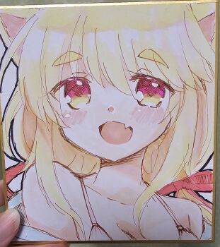 1girl :d absurdres animal_ears bikini blue_jacket blush bow breasts collarbone fang hair_between_eyes hair_bow highres jacket kuriyuzu_kuryuu long_hair medium_breasts off_shoulder open_mouth original photo_(medium) red_bow shikishi short_eyebrows smile solo swimsuit thick_eyebrows traditional_media upper_body white_bikini