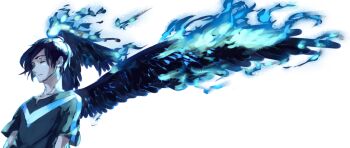 1boy batman_(series) blue_fire dc_comics dick_grayson closed_eyes fermiumice fire male_focus nightwing shirt solo t-shirt wings