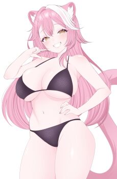 1girl animal_ears bare_shoulders black_bra black_panties blush bra breasts grin hand_on_own_hip hashtag-only_commentary highres hololive hololive_english large_breasts looking_at_viewer mintikmeow multicolored_hair navel panther_ears panther_girl panther_tail panties pink_hair raora_panthera smile solo streaked_hair tail underwear white_hair yellow_eyes
