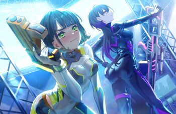 2girls aqua_hair ass bent_over black_bodysuit black_hair blunt_bangs blush bob_cut bodysuit breasts clothing_cutout contrapposto cosplay covered_collarbone covered_navel dutch_angle embarrassed game_cg gradient_hair green_eyes grey_bodysuit gun hair_ornament hand_on_own_ass handgun highres holding holding_gun holding_weapon jumbotron katsuragi_izumi link!_like!_love_live! long_hair long_sleeves looking_ahead looking_at_viewer love_live! medium_breasts momose_ginko momose_ginko_(gaming_event_cosplay) multicolored_hair multiple_girls non-web_source nose_blush official_alternate_costume official_art pout profile purple_hair rifle short_hair sidelocks skin_tight slit_pupils smile sniper_rifle stage_lights standing sweat triangle_hair_ornament virtual_youtuber weapon wolf_cut