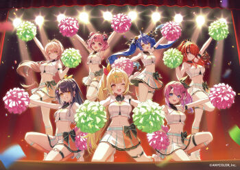 6+girls :d ;d abs amamiya_kokoro arms_up bell blonde_hair blue_eyes blue_hair breasts cheerleader closed_eyes confetti copyright_notice grin hair_bell hair_between_eyes hair_ornament high_ponytail hoshikawa_sara jumping kneeling kuramochi_meruto lain_paterson medium_breasts midriff multiple_girls navel nijisanji nui_sociere official_alternate_costume official_art one_eye_closed open_mouth pink_eyes pink_hair pleated_skirt pom_pom_(cheerleading) ponytail purple_hair red_hair sasaki_saku side_ponytail skirt small_breasts smile squatting stage stage_lights standing standing_on_one_leg toned toned_female twintails umise_yotsuha virtual_youtuber yellow_eyes
