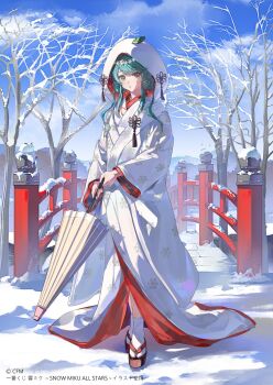 Rule 34 | 1girl, aqua eyes, aqua hair, blush, bridge, commentary request, full body, hair bun, hair ornament, hatsune miku, highres, holding, holding umbrella, japanese clothes, kimono, leaf, leaf on head, long hair, long sleeves, looking at viewer, lunar (lunar 815), official alternate costume, official alternate hairstyle, oil-paper umbrella, parted lips, sandals, scenery, shiromuku, smile, snow on tree, snowflake print, snowflakes, socks, solo, standing, tree, twintails, uchikake, umbrella, vocaloid, wataboushi, white kimono, white socks, wide sleeves, winter, wooden bridge, yuki miku, yuki miku (2013)