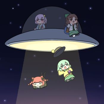 4girls :3 :d abduction animal_ears arm_cannon black_bow black_dress black_footwear black_hat blush_stickers bow braid brown_hair buttons cat_ears cat_girl cat_tail closed_eyes closed_mouth collared_shirt dress frilled_shirt_collar frilled_sleeves frills green_bow green_eyes green_hair green_skirt hair_bow hair_ornament hat hat_ribbon heart heart_button heart_hair_ornament highres kaenbyou_rin komeiji_koishi komeiji_satori long_sleeves multiple_girls multiple_tails night open_mouth outstretched_arms pink_hair puffy_short_sleeves puffy_sleeves red_eyes red_hair reiuji_utsuho ribbon shirt shoes short_hair short_sleeves single_shoe sitting skirt sky sleeves_past_fingers sleeves_past_wrists smile spread_arms tail third_eye touhou tractor_beam twin_braids two_tails ufo v-shaped_eyebrows weapon white_shirt y75zei yellow_ribbon yellow_shirt