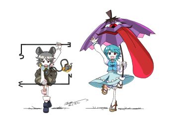 2girls angry animal animal_ear_fluff animal_ears basket black_dress black_shoes bloomers blue_collar blue_eyes blue_hair blue_skirt blue_vest collar collared_dress dowsing_rod dress frilled_bloomers frilled_shirt frilled_shirt_collar frilled_sleeves frills geta grey_hair hand_up happy hetero holding holding_basket holding_rod holding_umbrella holding_with_tail jewelry juliet_sleeves karakasa_obake layered_dress long_sleeves looking_at_viewer medium_hair mouse_ears mouse_girl mouse_tail multiple_girls nazrin necklace open_mouth pendulum prehensile_tail puffy_long_sleeves puffy_sleeves red_eyes rod sandals shirt shoes signature simple_background skirt socks standing standing_on_one_leg tail tatara_kogasa tatara_kogasa_(umbrella) tongue tongue_out touhou umbrella undefined_fantastic_object underwear vest white_background white_bloomers white_shirt white_sleeves yoiy_san