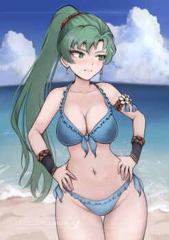 1girl armlet bare_shoulders beach bikini blue_bikini blue_sky blush breasts cleavage closed_mouth cloud collarbone earrings fire_emblem fire_emblem:_the_blazing_blade flower flower_armlet green_eyes green_hair hairband high_ponytail highres jewelry large_breasts long_hair lyn_(fire_emblem) mourderousx navel nintendo ocean outdoors ponytail sky solo stomach swimsuit very_long_hair water wristband