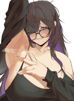 1girl arm_up armpits bare_shoulders black_dress black_hair black_jacket blush breasts colored_inner_hair commentary_request dress glasses goddess_of_victory:_nikke grin highres huge_breasts jacket label_(nikke) long_hair long_sleeves looking_at_viewer mole mole_on_breast multicolored_hair nyahpa20 off_shoulder purple_eyes purple_hair smile solo sweat