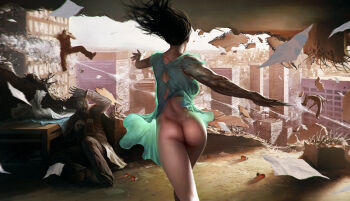1girl 3boys ass back battle black_hair bottomless building city cityscape collateral_damage destruction epic from_behind glasses hospital_gown lab_coat long_hair multiple_boys no_panties original randis realistic scar scenery veins