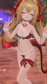 3d animated awai_flavia awai_shiro bell bikini christmas christmas_tree double_v flat_chest fur-trimmed_bikini fur_trim gift hat highres indie_virtual_youtuber leg_ribbon loli merry_christmas red_bikini ribbon santa_bikini santa_costume santa_hat smile solo sound swimsuit tagme thigh_ribbon v video virtual_youtuber