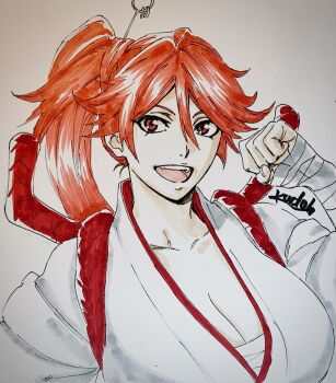 1girl bandaged_arm bandages breasts chest_sarashi cleavage clenched_hand commentary hair_between_eyes hair_ornament hair_stick hashtag-only_commentary highres huge_breasts japanese_clothes kudou_masashi marker_(medium) open_mouth ponytail red_hair red_rope rope sakura_taisen sarashi shin_sakura_taisen shinonome_hatsuho signature smile solo traditional_media upper_body