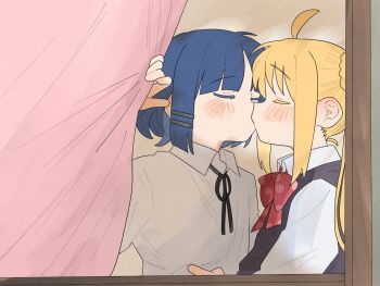 2girls ahoge black_ribbon black_vest blonde_hair blue_hair bocchi_the_rock! bow bowtie closed_eyes commentary curtains from_outside highres ijichi_nijika kiss multiple_girls neck_ribbon ofo_j1 red_bow red_bowtie ribbon school_uniform shimokitazawa_high_school_uniform shirt short_hair side_ponytail vest white_shirt yamada_ryo yuri