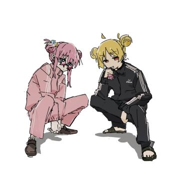 2girls absurdres alternate_hairstyle black_footwear black_track_suit blonde_hair blue_eyes bocchi_the_rock! brown_footwear commentary double_bun drink full_body glens_sou gopnik gotoh_hitori hair_bun hair_ornament highres holding holding_drink ijichi_nijika juice_box multiple_girls orange_eyes pink_hair pink_track_suit sandals short_hair simple_background sketch slav_squatting squatting star-shaped_eyewear star_(symbol) track_suit triple_vertical_stripe white_background