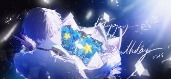1boy absurdres blue_flower blue_rose bouquet collar flower glass_shards happy_birthday head_tilt highres holding holding_bouquet kim_dokja light_rays looking_back male_focus omniscient_reader&#039;s_viewpoint roellm rose short_hair sky solo star_(sky) starry_sky upper_body