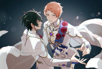 2boys beads black_hair clenched_teeth closed_mouth commentary cowboy_shot earrings ensemble_stars! fingernails flower itsuki_shu jewelry kagehira_mika long_sleeves looking_at_viewer male_focus multiple_boys official_alternate_costume pink_hair purple_eyes red_flower red_rose rewinds_(ensemble_stars!) rose round_o0 short_bangs short_hair smile symbol-only_commentary teeth valkyrie_(ensemble_stars!)