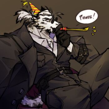 1boy animal_ears bara black_coat black_gloves black_pants black_shirt coat dislyte english_text furry furry_male gloves hat highres holding jin_qiu_(ru_shou)_(dislyte) looking_to_the_side male_focus nadhilm pants party_hat party_whistle ponytail shirt sitting sound_effects speech_bubble sunglasses tail tiger tiger_boy tiger_ears tiger_stripes tiger_tail white_fur white_hair white_shirt white_tiger