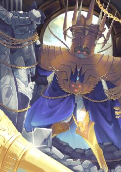 Rule 34 | 1girl, armor, armored boots, backlighting, blonde hair, blue coat, blue gem, boots, breasts, broken statue, chain, chain around arm, cleavage, clothing cutout, coat, commentary, crown, digimon, digimon (creature), double blade, english commentary, gem, glint, glowing, glowing eyes, gold armor, gold chain, gold crown, gold helmet, highres, indoors, junomon, junomon hysteric mode, mask, medium breasts, mouth mask, ninja mask, no pupils, pants, parted bangs, red eyes, roccoco co, solo, standing, statue, stomach, thigh cutout, white mask, white pants