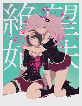 2girls aqua_background arms_around_another's_neck arms_around_neck arms_around_shoulders bear_hair_ornament black_hair black_shirt blood blood_splatter blue_eyes boots border breasts cleavage closed_mouth collarbone danganronpa:_trigger_happy_havoc danganronpa_(series) enoshima_junko fake_nails fingernails frown garter_belt hair_between_eyes hair_ornament highres ikusaba_mukuro incest japanese_text knee_boots kneeling long_hair looking_at_viewer matching_outfits medium_breasts medium_hair multiple_girls on_floor one_eye_covered pink_blood pink_hair pleated_skirt red_nails red_skirt shirt siblings simple_background sisters sitting skirt sleeves_rolled_up smile thighs twincest twins twintails white_border yuri