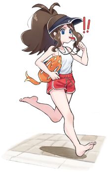 Rule 34 | 1girl, absurdres, blue eyes, breasts, brown hair, buoy, collarbone, grimmelsdathird, hat, high ponytail, highres, hilda (pokemon), holding, holding surfboard, lifeguard, long hair, nintendo, pokemon, pokemon bw, ponytail, red shorts, running, shirt, shorts, sidelocks, solo, surfboard, tank top, visor cap, whistle, whistle around neck, white shirt, white tank top