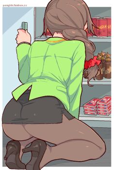 1girl ass black_skirt braid brown_hair commentary english_commentary from_behind green_jacket hair_ornament hair_scrunchie high_heels idolmaster idolmaster_cinderella_girls jacket long_hair pantyhose pencil_skirt pongldr scrunchie senkawa_chihiro skirt solo