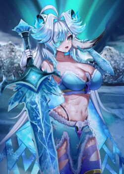 1girl absurdres ahoge aurora biyo_yoo blue_eyes blue_fire blue_hair blue_skirt breasts cleavage colored_inner_hair commentary crystal_sword drinking_horn english_commentary eyes_visible_through_hair face_piercing fiery_ears fire fur-trimmed_skirt fur_trim gold_thighlet gradient_hair hair_intakes hair_over_one_eye highres holding holding_sword holding_weapon indie_virtual_youtuber jewelry lip_piercing long_hair mimi_hela multicolored_hair navel night open_mouth panty_straps piercing second-party_source skirt sky snow_leopard_ears snow_leopard_girl snowflake_print snowflake_pupils solo stomach streaked_hair sword thighlet virtual_youtuber weapon white_hair