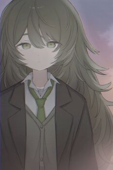 1girl arazan_(ara_arazan24) blazer brown_cardigan brown_hair brown_jacket cardigan closed_mouth collared_shirt expressionless green_eyes green_necktie hashtag-only_commentary indie_virtual_youtuber jacket jibakurei_(vtuber) lapels long_hair looking_at_viewer loose_necktie necktie open_clothes open_collar open_jacket shirt sky solo standing swept_bangs twilight white_shirt