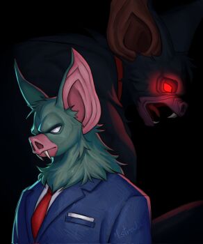 1boy animal_ears artist_name bat_boy bat_ears blue_suit closed_mouth commentary dispatch english_commentary fangs fangs_out formal_clothes furry furry_male glowing glowing_eyes highres istralius male_focus necktie open_mouth red_eyes red_necktie sonar_(dispatch) suit upper_body white_eyes
