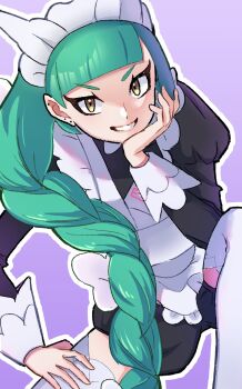 1girl apron black_romper blunt_bangs bow bowtie braid braided_ponytail brown_eyes commentary_request green_hair grin head_rest highres juliet_sleeves lebanne_(pokemon) long_braid long_hair long_sleeves looking_at_viewer maid maid_apron maid_headdress meru_merume603 nintendo open_mouth pink_lips pokemon pokemon_legends:_z-a puffy_sleeves romper smile solo teeth thighhighs tsurime v-shaped_eyebrows white_bow white_bowtie white_thighhighs