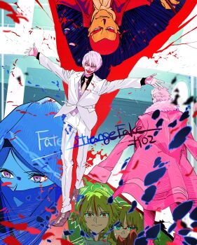 Rule 34 | 2girls, 4boys, absurdres, alexandre dumas (fate), blonde hair, blue eyes, braid, coat, coat on shoulders, commentary request, episode number, fate/strange fake, fate (series), formal clothes, highres, hood, hood up, jacket, jester karture, kerorira, long sleeves, multicolored hair, multiple boys, multiple girls, necktie, no name assassin (fate), open mouth, orlando reeve, pants, purple eyes, red eyes, red hair, richard i (fate), sajou ayaka (fate/strange fake), second-party source, shirt, smile, streaked hair, suit, sweatdrop, upside-down, white hair