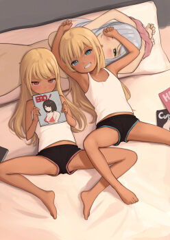 2girls :t barefoot black_shorts blonde_hair blue_eyes blush commentary commentary_request dakimakura_(object) dark-skinned_female dark_skin dolphin_shorts english_commentary english_text grin highres holding holding_magazine kuroshiro00 lisa_(kuroshiro00) lisa_(kuroshiro00) loli long_hair luna_(kuroshiro00) luna_(kuroshiro00) magazine_(object) mixed-language_commentary multiple_girls on_bed original pillow pink_eyes pout short_shorts shorts siblings sisters smile spread_legs tank_top twins white_tank_top
