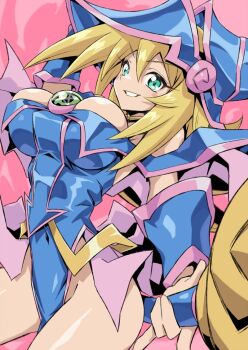 1girl blonde_hair blue_leotard blue_sleeves blush breasts commentary_request covered_navel dark_magician_girl detached_collar green_eyes grin hat holding holding_wand large_breasts leotard long_hair looking_at_viewer mutsuki_riichi pink_background smile solo wand witch witch_hat yu-gi-oh!