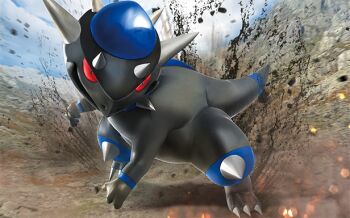 3d animal_focus blue_sky claws cloud day debris full_body gen_4_pokemon nintendo no_humans nostrils official_art outdoors pokemon pokemon_(creature) pokemon_focus pokemon_tcg rampardos saito_yoshinobu sky solo spikes third-party_source v-shaped_eyebrows