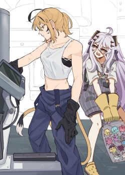 Rule 34 | 2girls, addendium, ahoge, blonde hair, blue overalls, commentary, crocs, dooby, english commentary, gloves, green eyes, grey hair, hair between eyes, hair ornament, henya the genius, highres, indie virtual youtuber, jar, long bangs, long hair, multicolored hair, multiple girls, open mouth, overalls, purple hair, short hair, sports bra, streaked hair, tail, tank top, tears, two side up, virtual youtuber, yellow eyes