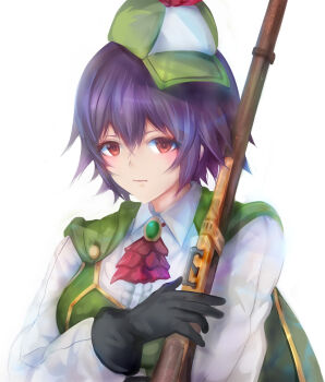 1girl antique_firearm ascot black_gloves blush breasts brooch cape center_frills closed_mouth commentary_request firearm frilled_shirt frills gloves green_cape gun hair_between_eyes hat highres holding holding_gun holding_weapon jewelry long_sleeves looking_at_viewer medium_breasts mini_hat mugen_gacha musket puffy_long_sleeves puffy_sleeves purple_hair red_ascot red_eyes shirt short_hair simple_background solo suterisu suzu_(mugen_gacha) weapon white_background white_shirt