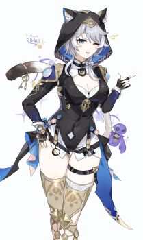 1girl absurdres animal_ear_fluff animal_ears bell blue_eyes boots bow braid breasts cat_ears cat_girl cat_tail choker cipher_(honkai:_star_rail) cleavage crescent fingerless_gloves gloves hair_bow hand_on_own_hip hashtag-only_commentary highres honkai:_star_rail honkai_(series) key leotard one_eye_closed pouch sparkle spirithief_bartholos_(honkai:_star_rail) tail thigh_boots thigh_strap thighs umiinu_(umi_inu11) white_background white_streaks