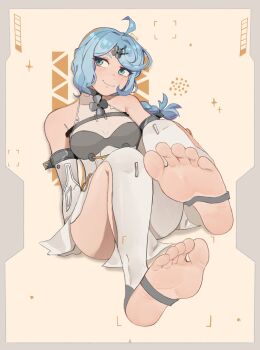 1girl ahoge aqua_eyes armpit_crease bare_shoulders blue_hair blush braid braided_ponytail breasts closed_mouth commentary cyadraws detached_sleeves english_commentary feet foot_focus foreshortening hair_ornament hairclip highres looking_to_the_side medium_breasts no_shoes ponytail seed_(zenless_zone_zero) sitting smile soles solo stirrup_legwear swept_bangs thighs toeless_legwear toes zenless_zone_zero