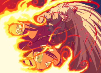 1girl bow burning commentary_request fire flaming_leg flying_kick fujiwara_no_mokou hair_bow hair_over_one_eye hair_ribbon hands_in_pockets kicking long_hair long_sleeves ofuda ofuda_on_clothes pants raion-san red_eyes red_pants ribbon shirt solo suspenders touhou very_long_hair white_bow white_hair white_shirt