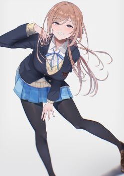 1girl absurdres black_jacket black_pantyhose blazer blue_eyes blue_skirt blush breasts brown_hair commentary gakuen_idolmaster grin hatsuboshi_gakuen_school_uniform highres himesaki_rinami hitotu_no_naka idolmaster jacket leaning_forward long_hair long_sleeves medium_breasts pantyhose pleated_skirt school_uniform simple_background skirt smile solo sweater very_long_hair white_background yellow_sweater