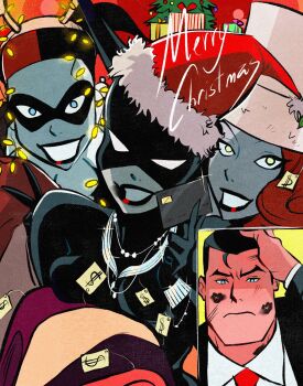 1boy 3girls after_kiss batman_(series) bodysuit bruce_wayne catwoman commentary dc_comics domino_mask english_commentary eye_mask facial_mark harley_quinn hat highres jester lipstick_mark mask mask_on_head merry_christmas multiple_girls poison_ivy rozem santa_hat