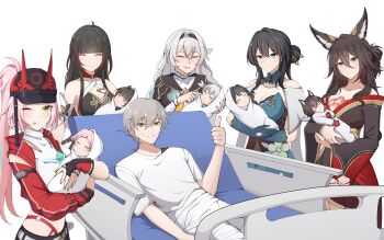 1boy 5girls 5others absurdres aqua_dress aqua_gloves black_hair blush breasts caelus_(honkai:_star_rail) centauri-d cleavage closed_eyes closed_mouth commission dress firefly_(honkai:_star_rail) fugue_(honkai:_star_rail) gloves gradient_hair green_eyes green_pupils grey_hair hair_between_eyes hair_intakes harem highres honkai:_star_rail honkai_(series) if_they_mated large_breasts lingsha_(honkai:_star_rail) long_hair lying multicolored_hair multiple_girls multiple_others on_back one_eye_closed pink_hair ponytail rappa_(honkai:_star_rail) ruan_mei_(honkai:_star_rail) smile thumbs_up tingyun_(honkai:_star_rail) tongue tongue_out trailblazer_(honkai:_star_rail)