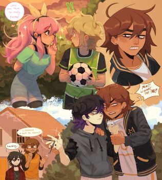 ! !! 1girl 5boys alternate_costume alternate_hairstyle alternate_universe antenna_hair aubrey_(faraway)_(omori) aubrey_(omori) ball basil_(faraway)_(omori) basil_(omori) black_eyes black_hair black_jacket black_nails blonde_hair blue_eyes blue_nails blue_shirt blue_shorts bra_strap bright_pupils brown_eyes brown_hair censored_profanity closed_mouth dark-skinned_male dark_skin denim denim_shorts double-parted_bangs ear_piercing emori_(shrimperini) english_text flying_sweatdrops freckles grey_hoodie hairband highres holding holding_ball hood hoodie house jacket jewelry kel_(faraway)_(omori) kel_(omori) long_sleeves looking_at_another madnopost multicolored_hair multiple_boys necklace off-shoulder_shirt off_shoulder omori open_mouth outdoors parted_lips piercing pink_hair ponytail purple_hair shirt short_hair short_sleeves shorts sidelocks soccer_ball speech_bubble sunny_(omori) t-shirt teeth two-tone_hair upper_teeth_only white_pupils white_shorts yellow_hairband