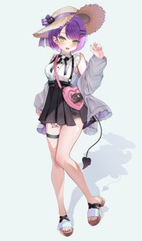 1girl bikini breasts demon_tail full_body green_eyes grey_jacket hair_ornament hairclip hat hololive jacket kurusu_rei leg_tattoo long_hair looking_at_viewer open_clothes open_jacket parted_lips pink_background purple_hair sandals short_hair short_shorts shorts simple_background skirt small_breasts solo standing sun_hat swimsuit tail tattoo toes tokoyami_towa twitter_username virtual_youtuber white_background white_bikini winged_heart winged_heart_tattoo x_hair_ornament