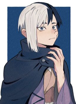 0a_9_(pixiv82791714) 1boy asagiri_gen black_hair blue_background blue_eyes blue_hair border cape closed_mouth dr._stone hand_up japanese_clothes kimono long_sleeves looking_at_viewer male_focus multicolored_hair scar scar_on_face short_hair solo split-color_hair two-tone_hair upper_body white_hair wide_sleeves