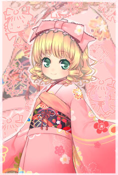 1girl alternate_costume black_sash blonde_hair blush bow closed_mouth commentary_request cowboy_shot drill_hair flat_chest floral_print food_print frilled_bow frills fruit_print green_eyes hair_bow highres hinaichigo japanese_clothes kimono looking_at_viewer obi pink_bow pink_kimono pokomi print_kimono print_sash rozen_maiden sash short_hair smile solo strawberry_print zoom_layer