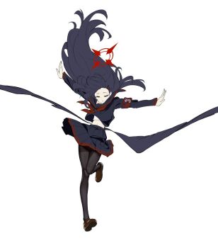 1girl aritsuno belly black_hair black_sailor_collar black_skirt black_thighhighs blue_archive closed_eyes commentary falling feathered_wings floating_hair halo highres ichika_(blue_archive) jumping justice_task_force_(blue_archive) long_hair red_halo sailor_collar simple_background skirt solo thighhighs white_background wings