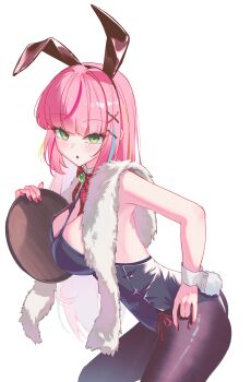 Rule 34 | 1girl, absurdres, animal ear hairband, animal ears, black leotard, black pantyhose, blonde hair, blue hair, bow, bowtie, breasts, brooch, cleavage, collar, commentary, cowboy shot, detached collar, fake animal ears, fur shawl, green eyes, hair ornament, hairband, hanako nana, highres, holding, holding tray, hyin, jewelry, large breasts, leotard, multicolored hair, pantyhose, pink hair, plaid bow, plaid bowtie, plaid clothes, playboy bunny, rabbit ear hairband, rabbit ears, rabbit tail, red bow, red bowtie, red ribbon, ribbon, shawl, simple background, solo, stellive, streaked hair, tail, tray, untranslatable commentary, virtual youtuber, white background, white collar, white wrist cuffs, wrist cuffs, x hair ornament