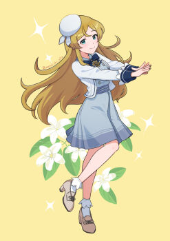 Rule 34 | 1girl, :d, aqua eyes, artist name, blonde hair, blue bow, blue bowtie, blush, bow, bowtie, breasts, brooch, brown shoes, buttons, collared dress, dot nose, dress, flower, full body, hat, high heels, highres, idolmaster, idolmaster million live!, idolmaster million live! theater days, jacket, jewelry, lace-trimmed socks, light blush, light smile, long hair, long sleeves, looking at viewer, medium breasts, mogukichi aka, official alternate costume, open clothes, open jacket, open mouth, own hands together, parted bangs, school uniform, shinomiya karen, shoes, sidelocks, simple background, smile, socks, sparkle, st. million girls' academy, standing, standing on one leg, very long hair, white flower, white hat, white jacket, white socks, yellow background