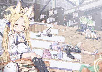 Rule 34 | 4girls, absurdres, alternate costume, alternate hairstyle, animal ears, backpack, bag, bird, black skirt, black socks, blonde hair, blue archive, book, book stack, bookshelf, bright pupils, chalkboard, closed mouth, commentary request, demon tail, detached sleeves, dot mouth, falling petals, fox ears, fox girl, gradient eyes, grey skirt, halo, highres, hikari (blue archive), hood, hoodie, indoors, jitome, kyouwashi, library, light blush, long-tailed tit, looking at viewer, multicolored eyes, multiple girls, nozomi (blue archive), petals, pleated skirt, pointy ears, reisa (blue archive), ribbed socks, seia (blue archive), siblings, sitting, skirt, sleeves past fingers, sleeves past wrists, socks, tail, tit (bird), twins, twintails, white hoodie, white pupils, yellow eyes, zipper